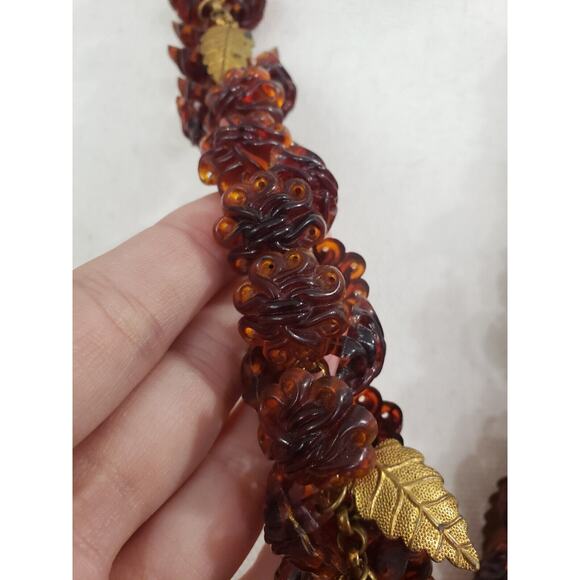 Vintage Celluloid Plastic Faux Tortoise Shell Leaf Flower Bloom Bead Necklace - Picture 4 of 9